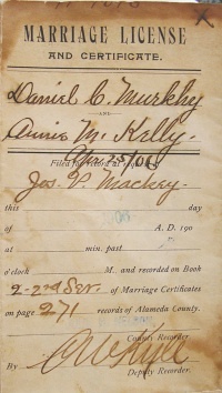 IMAGE: Daniel C. Murphy & Annie Kelly Marriage Certificate, 25 April 1906, San Francisco